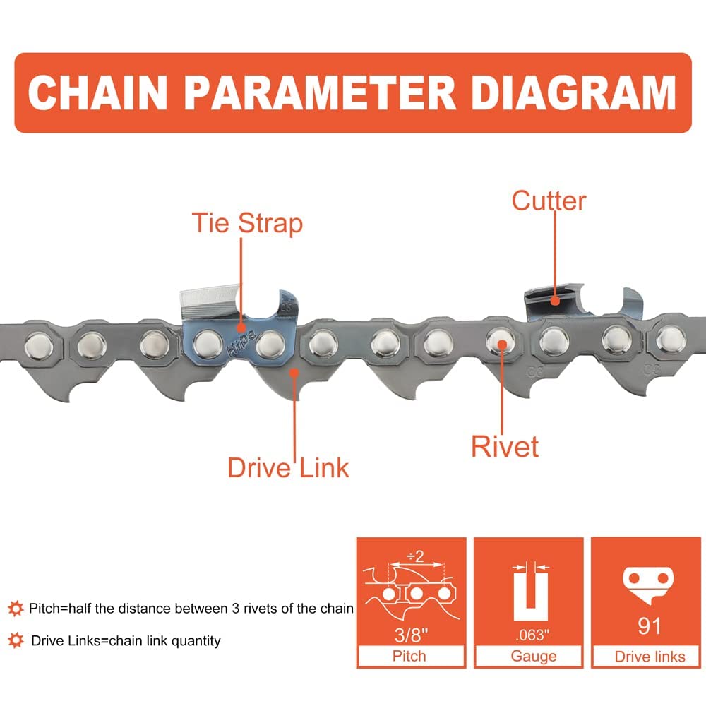 Hipa 28 Inch Full Skip Chain 3/8 Picth .063 Gauge 91 DL For Stihl MS660 MS661 MS461 MS460 MS440 MS391 MS390 Magnum 038 044 046 Chainsaw
