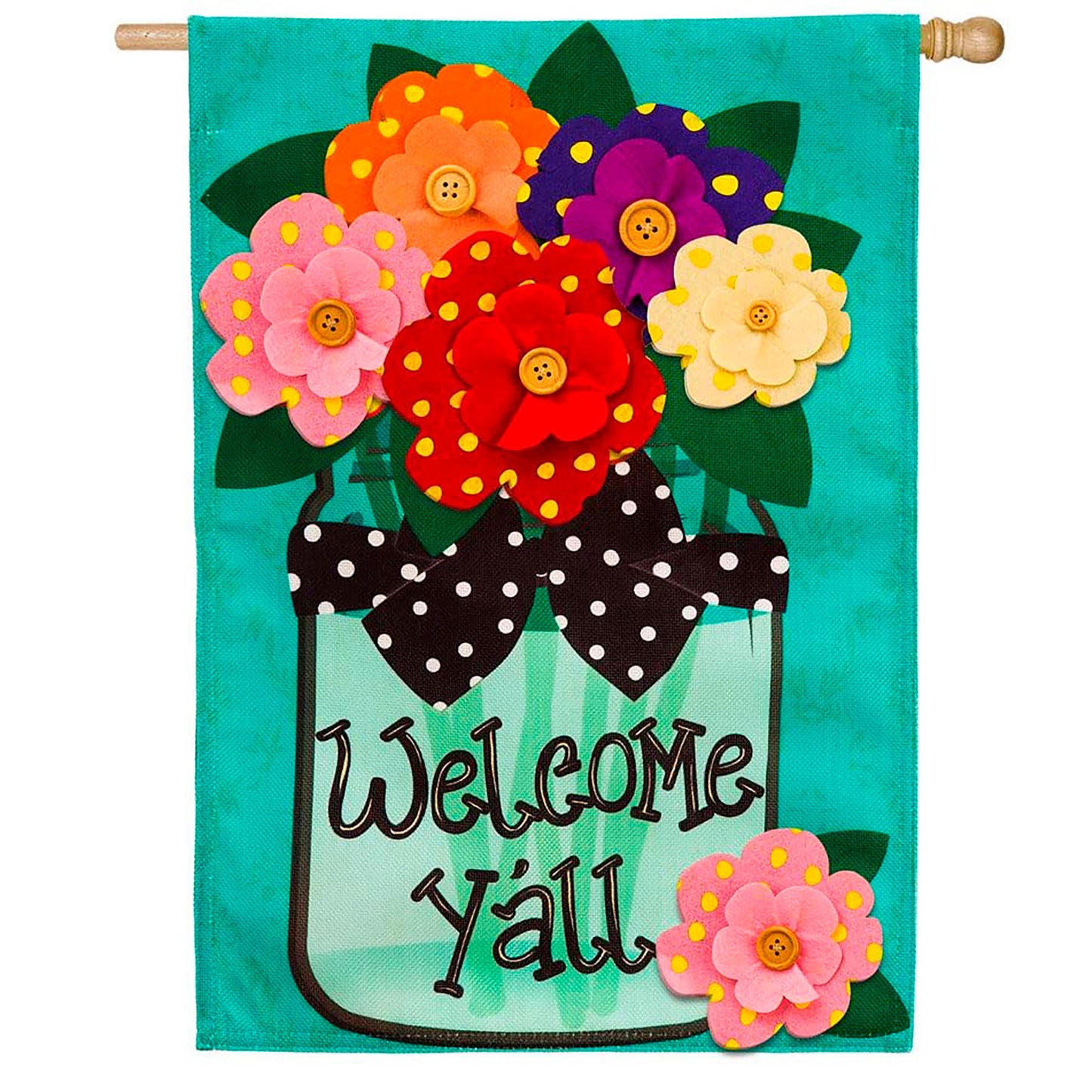 Welcome Y'all Polka Dot Flowers House Burlap Flag