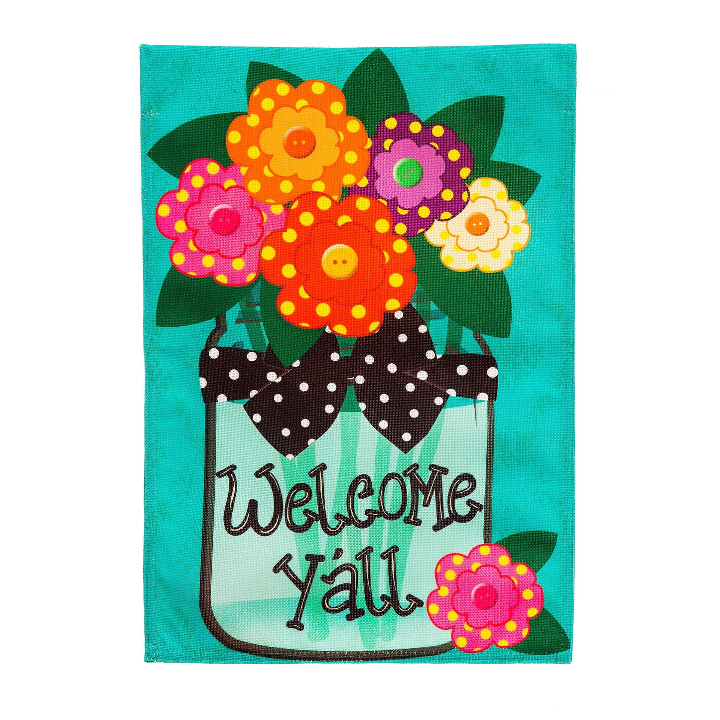Welcome Y'all Polka Dot Flowers Garden Burlap Flag