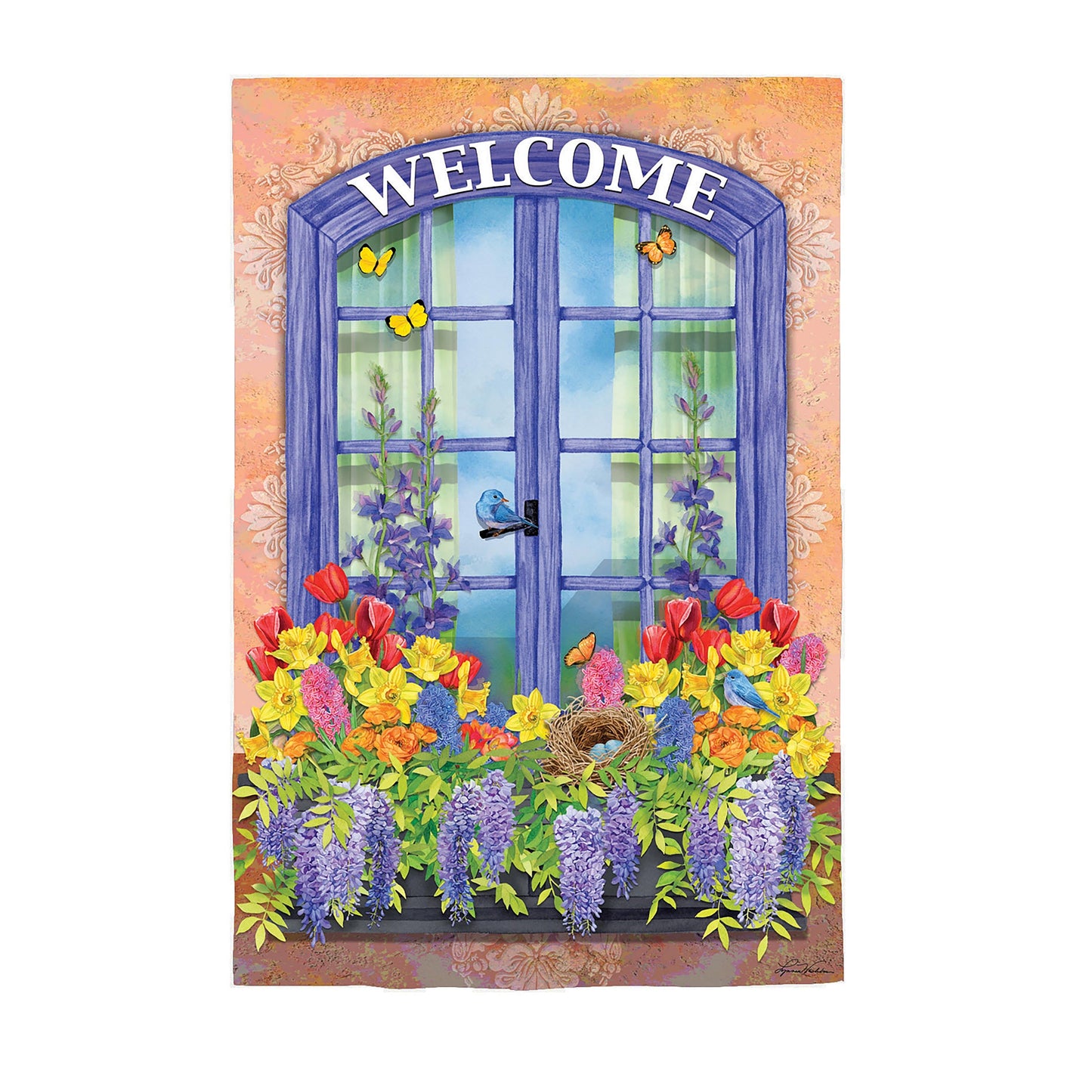 Welcome Floral Suede House Flag