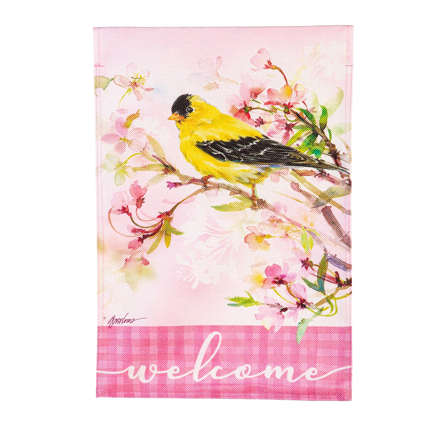 Yellow Finch and Cherry Blossoms Burlap House Flag