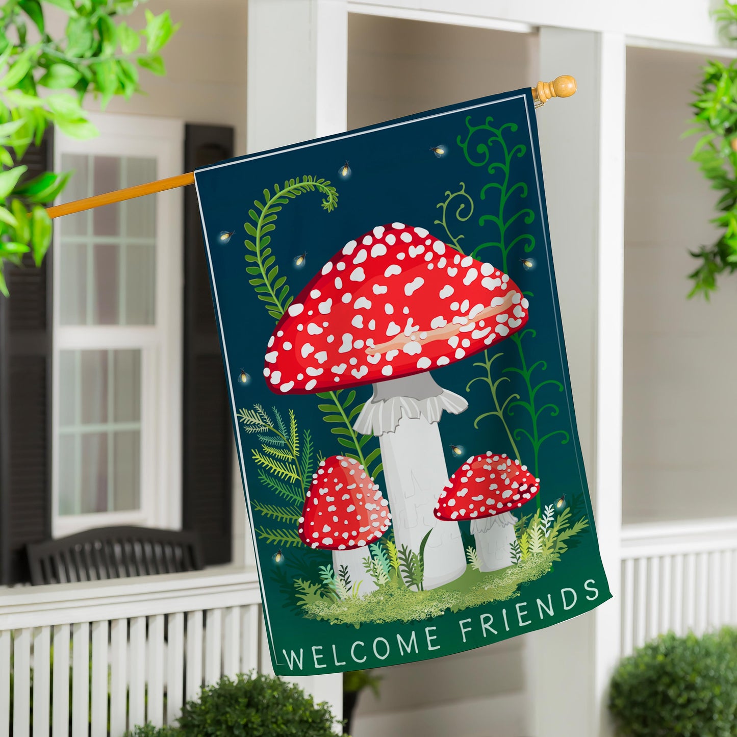 Welcome Friends Mushroom Applique House Flag