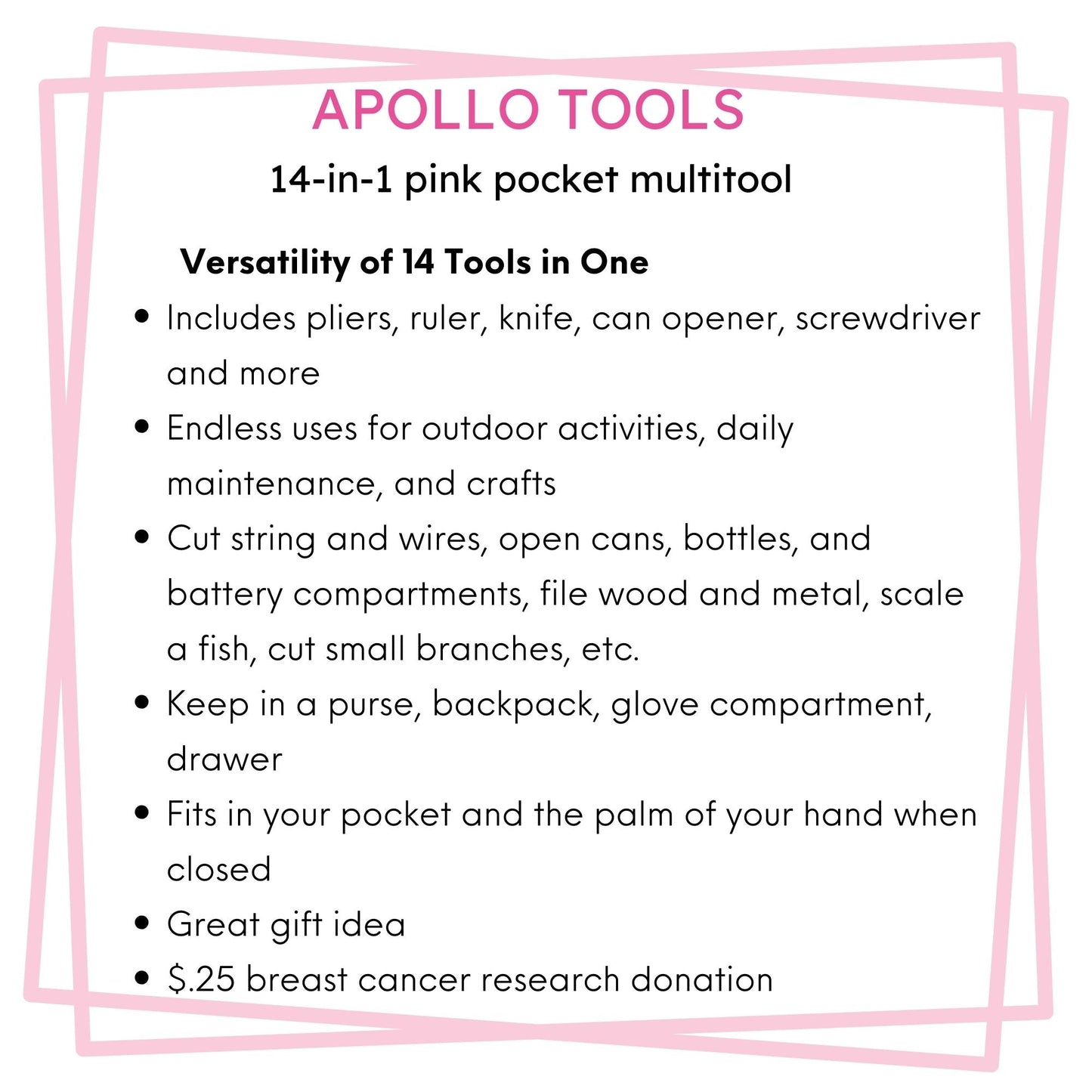 14-in-1 Pink High-Quality Pocket Multitool Pliers. Great for Outdoors, Camping, Fishing --DT5015P