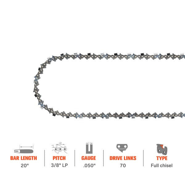 20 Inch Chain 3/8 Pitch .050 Gauge 70 DL For Poulan Pro PP5020av Echo CS-590 CS-600S CS500 CS510 CS600P Chainsaw # E70 D70 72LPX070G Full Chisel