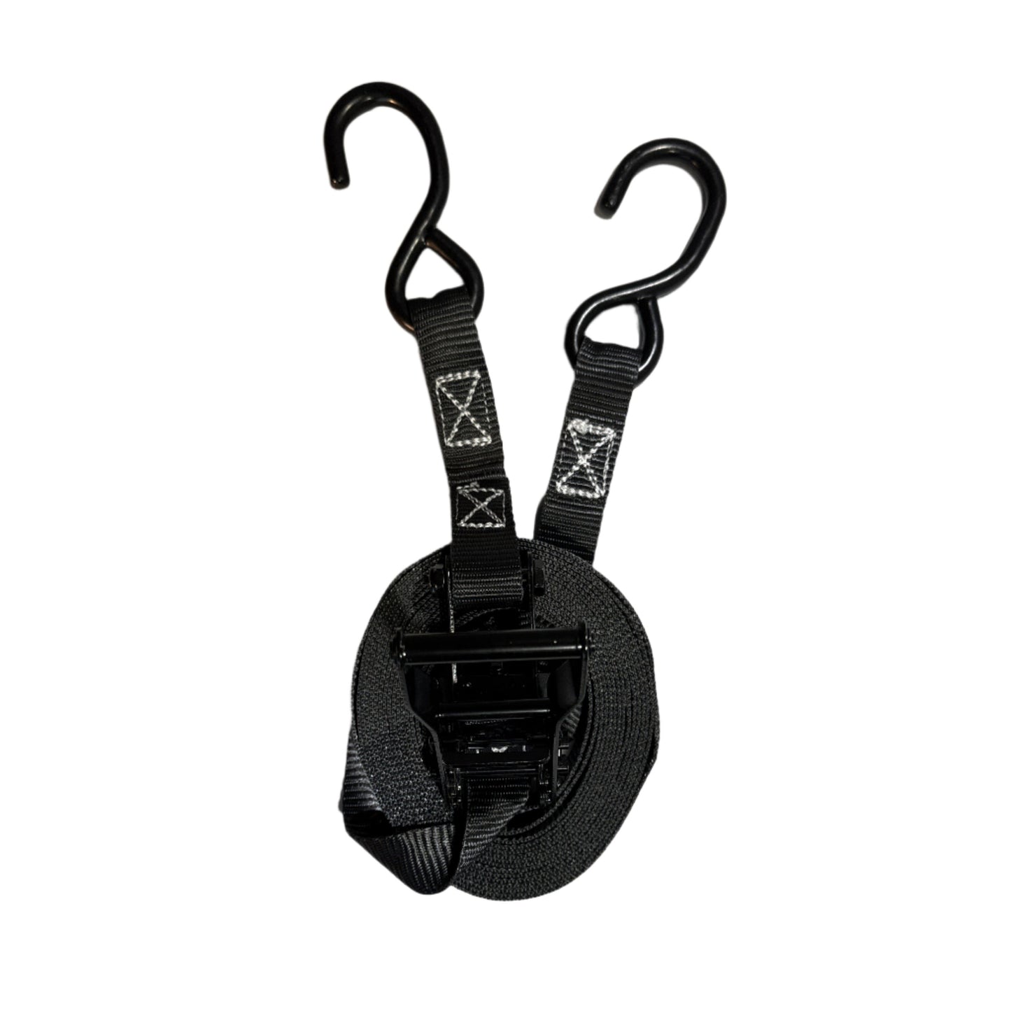 1" Black Ratchet Strap w/Vinyl S Hook | LENGTH OPTIONS