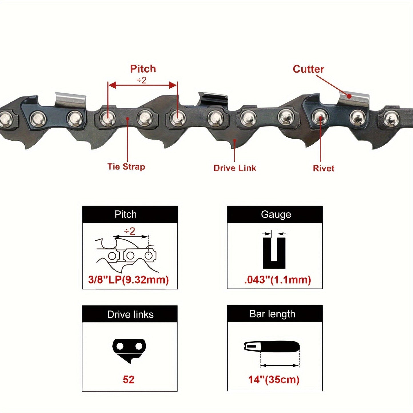 14" CHAINSAW CHAIN FOR BLADE 40V KOBALT KCS 4040-06 CHAINSAW 3/8lp 52DL 043