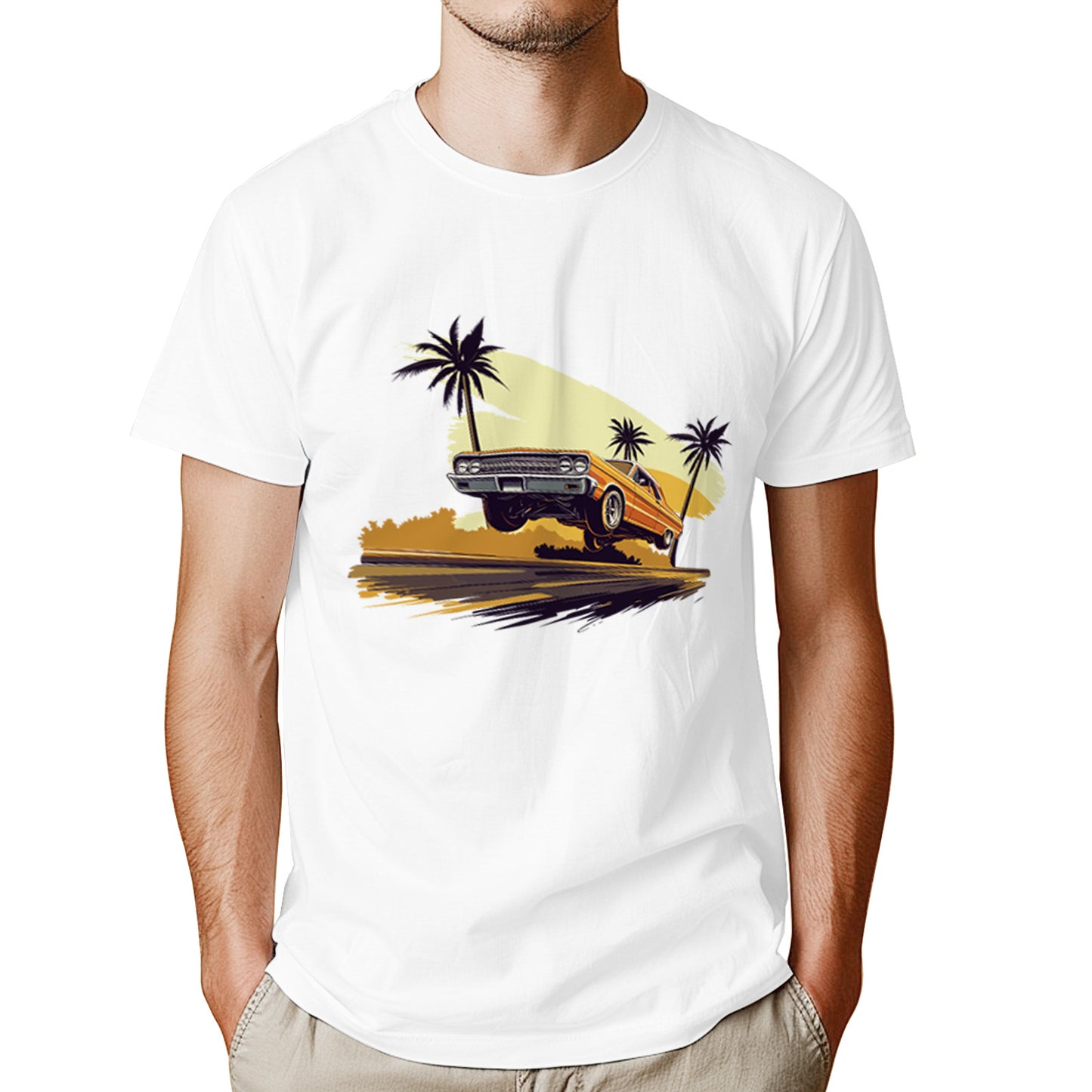 Beach Scene Lowrider Jumping Car Art Mens T-Shirt Breathable Oversized Streetwear Top, Size S