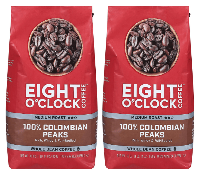 (2 pack) Eight O'clock 100% Colombian Peaks Medium Roast Whole Bean Coffee, 30 Oz, Bag
