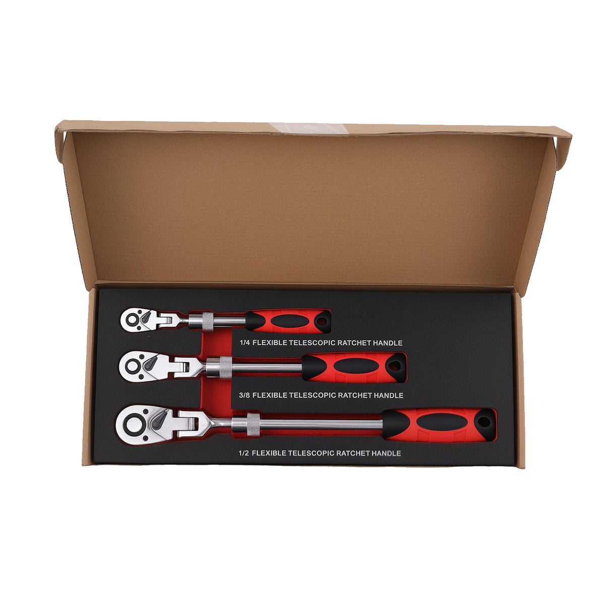 3pc Extendable Flex Head Ratchet Set 1/4” 3/8” Drive 72 Tooth Steel Heavy Duty