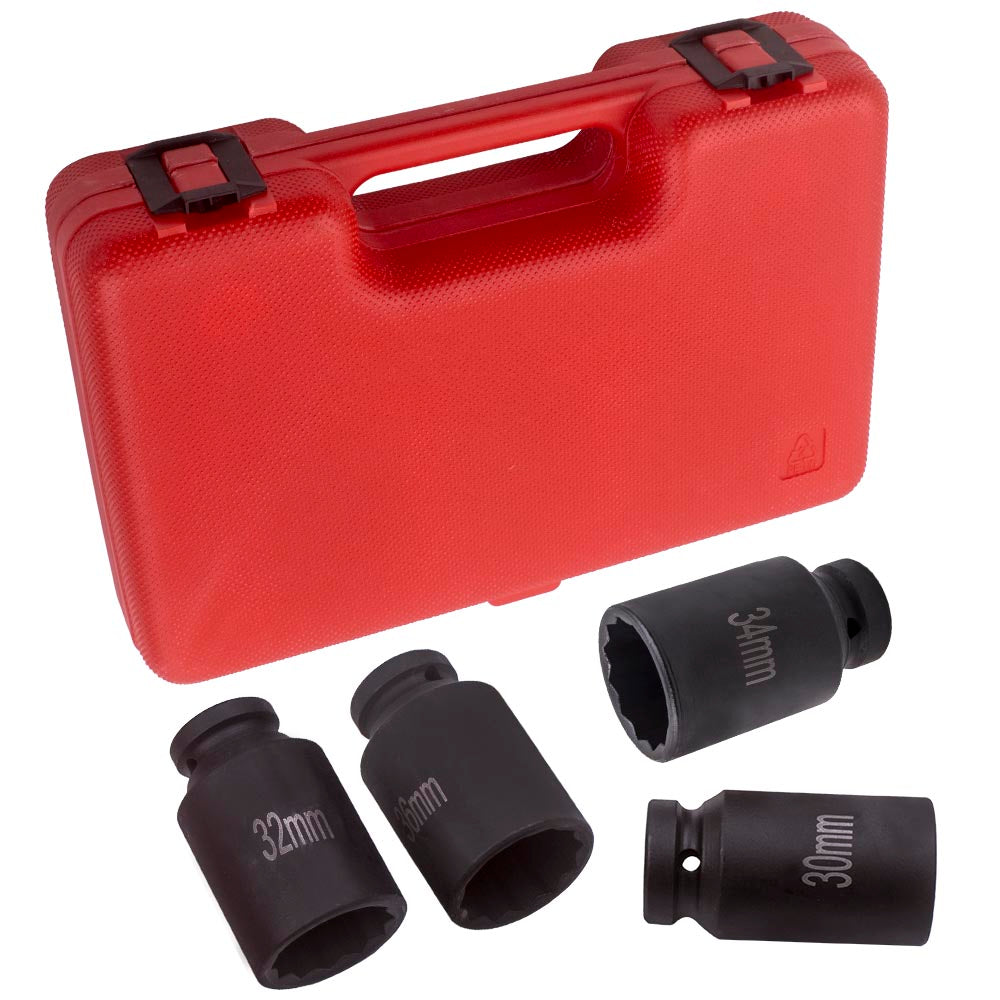 4pc 1/2 inch Drive Spindle Axle Nut Socket Set 12 Point 30mm 32mm 34mm 36mm