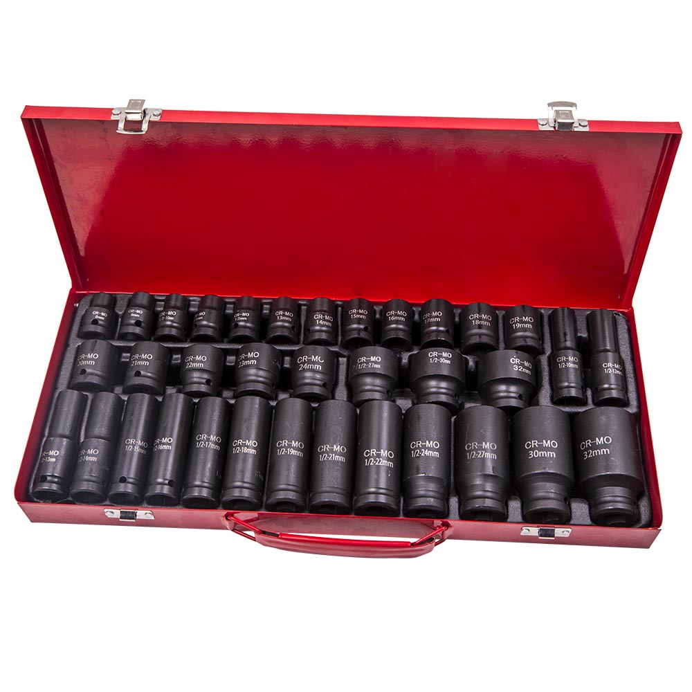 35pcs Deep Impact Socket 1/2 inch Drive 8-32mm Metric 6 Point Garage Removal Tool