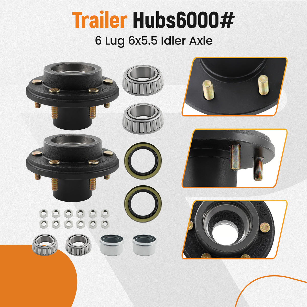 Pair Trailer Hubs Convert Mobile Home with Bearings 6000# 6 Lug 6x5.5 Idler Axle