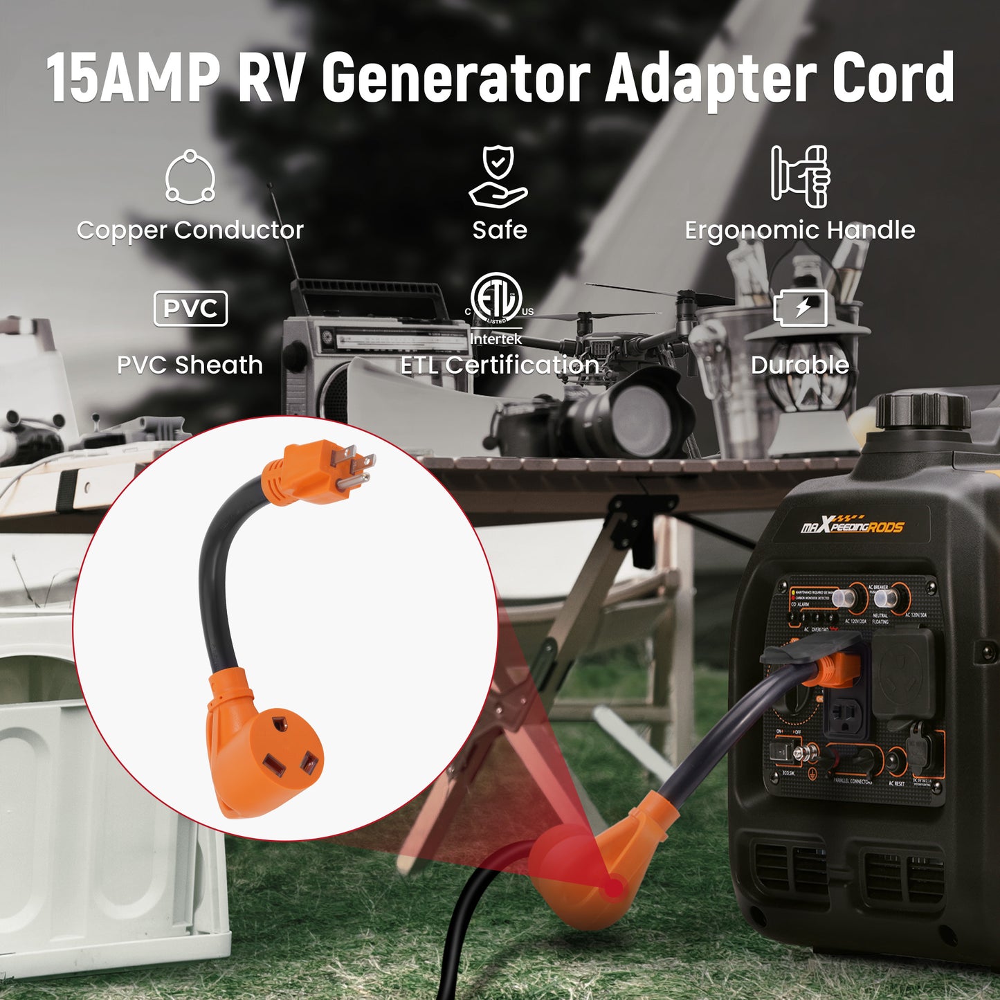 Generator Adapter Cord 5-15P to TT-30R For All Generator Models
