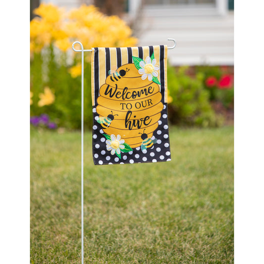 Welcome to our Hive Stripes and Dots Garden Burlap Flag