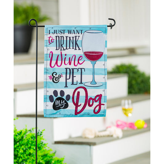 Wine and Pet My Dog Garden Linen Flag