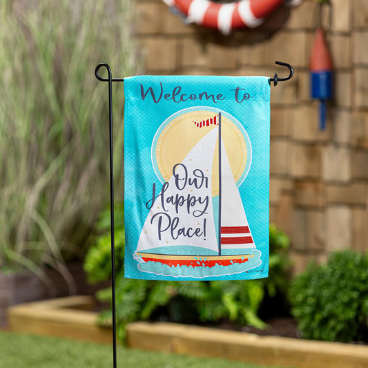 Welcome To Our Happy Place Suede Garden Flag