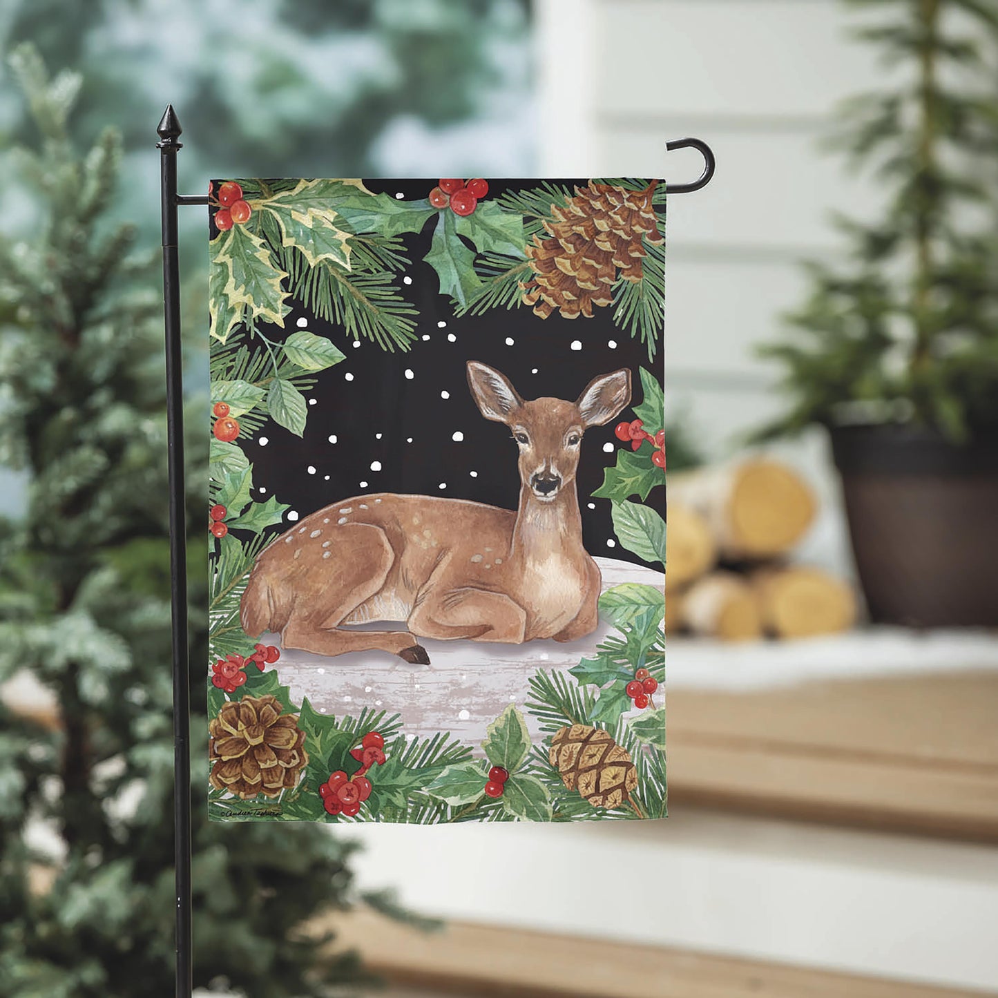 Woodland Peace on Earth Deer Suede Garden Flag
