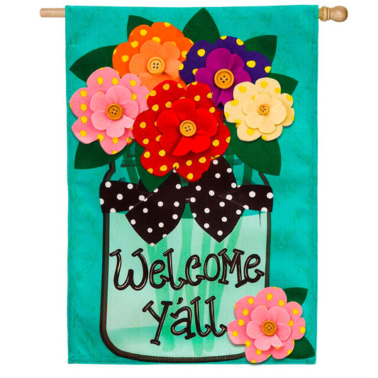 Welcome Y'all Polka Dot Flowers House Burlap Flag