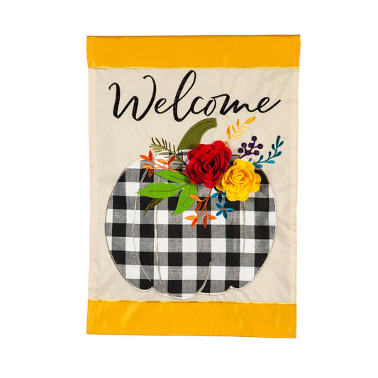 Welcome Floral Plaid Pumpkin Garden Applique Flag