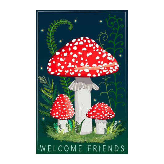 Welcome Friends Mushroom Applique House Flag