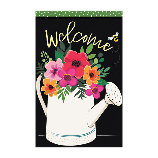 Watering Can Welcome Burlap Garden Flag