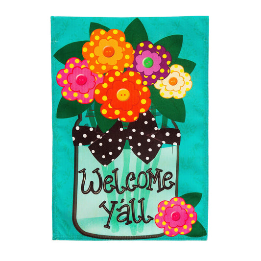 Welcome Y'all Polka Dot Flowers Garden Burlap Flag