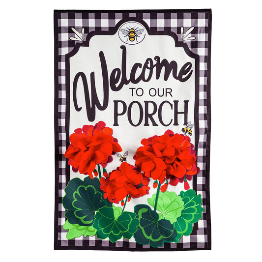 Welcome to Our Porch Geraniums House Linen Flag
