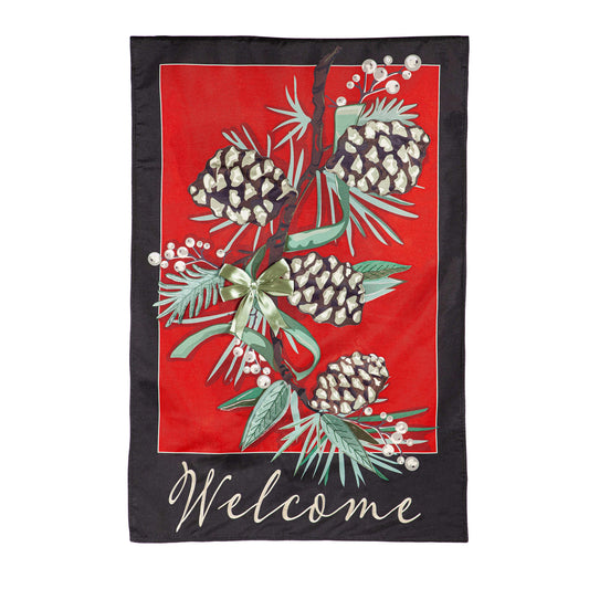 Winter Pine WelcomeEstate Size Embellished Burlap Flag