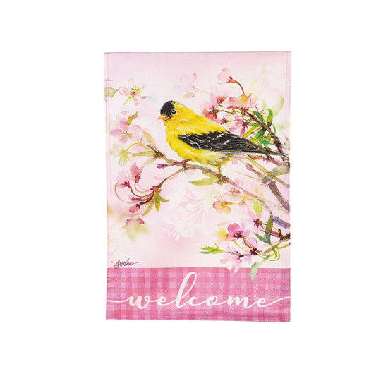 Yellow Finch and Cherry Blossoms Burlap Garden Flag