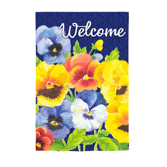 Welcome Pansies Suede Garden Flag