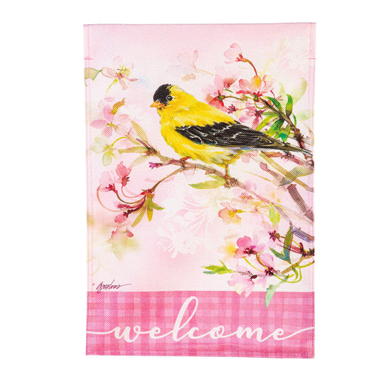 Yellow Finch and Cherry Blossoms Burlap House Flag