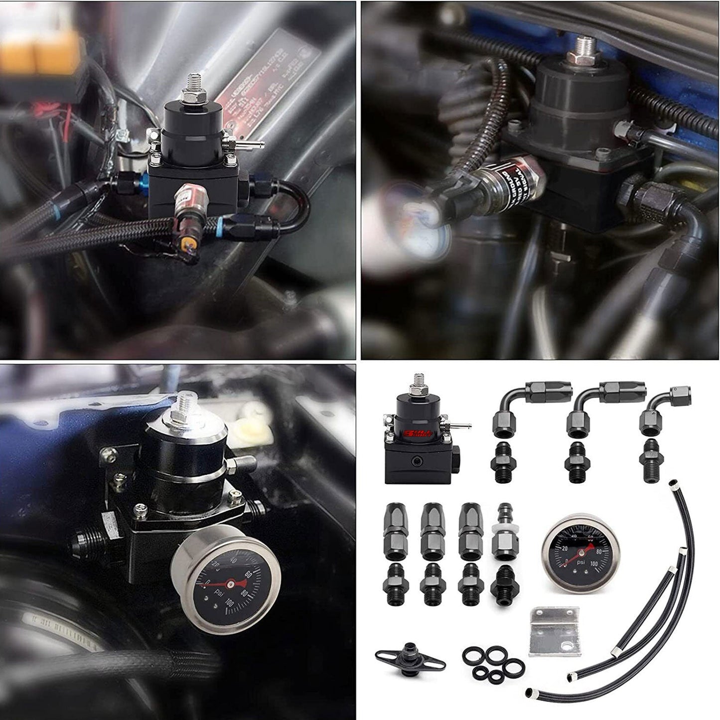 Universal Adjustable Fuel Pressure Regulator Kit W/ 100PSI Oil Gauge AN-6 Hoses