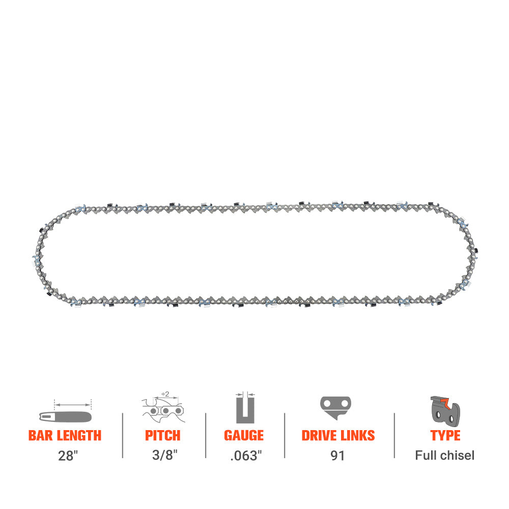 Hipa 28 Inch Full Skip Chain 3/8 Picth .063 Gauge 91 DL For Stihl MS660 MS661 MS461 MS460 MS440 MS391 MS390 Magnum 038 044 046 Chainsaw