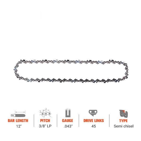 Hipa 12 Inch Chain 3/8 LP .043 45 DL For DeWalt DCCS620B DCCS620P1 Black Decker LCS1240 Husqvarna H38 120i T535iXP 535iXP 536LiXP Chainsaw 61PMM3 45