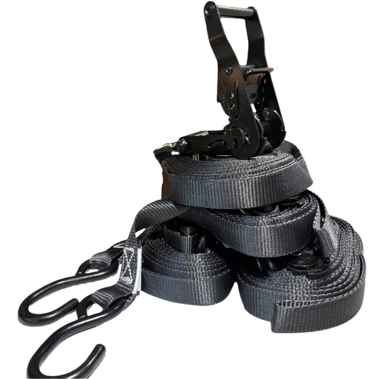 1" Black Ratchet Strap w/Vinyl S Hook LENGTH OPTIONS | FOUR PACK