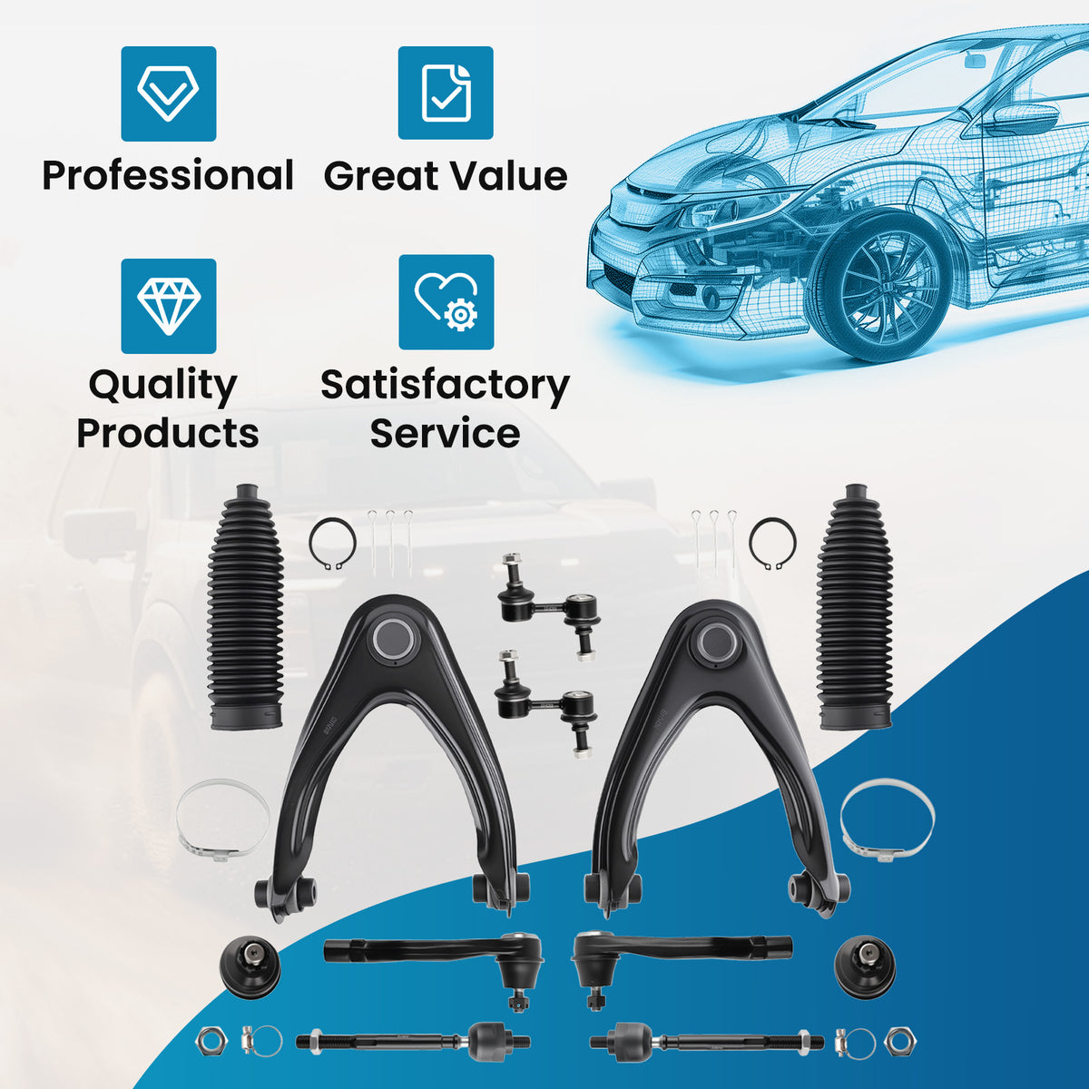 12pcs Front Upper Control Arms Sway Bars Tie Rods For 1997-2001 compatible For Honda CR-V CRV