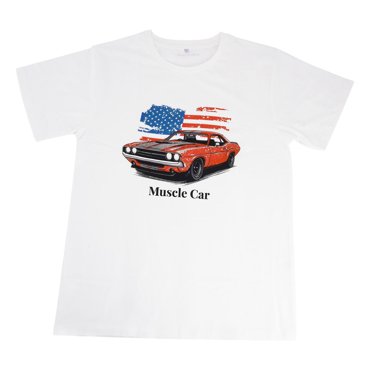 Funny Racing Car Graphic T-Shirt for Vintage USA Flag Muscle Car Classic Design, Size L