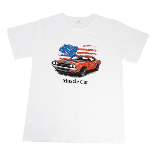 Funny Racing Car Graphic T-Shirt for Vintage USA Flag Muscle Car Classic Design, Size L