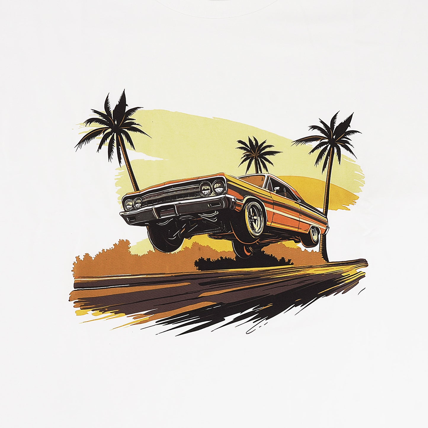 Beach Scene Lowrider Jumping Car Art Mens T-Shirt Breathable Oversized Streetwear Top, Size 2XL