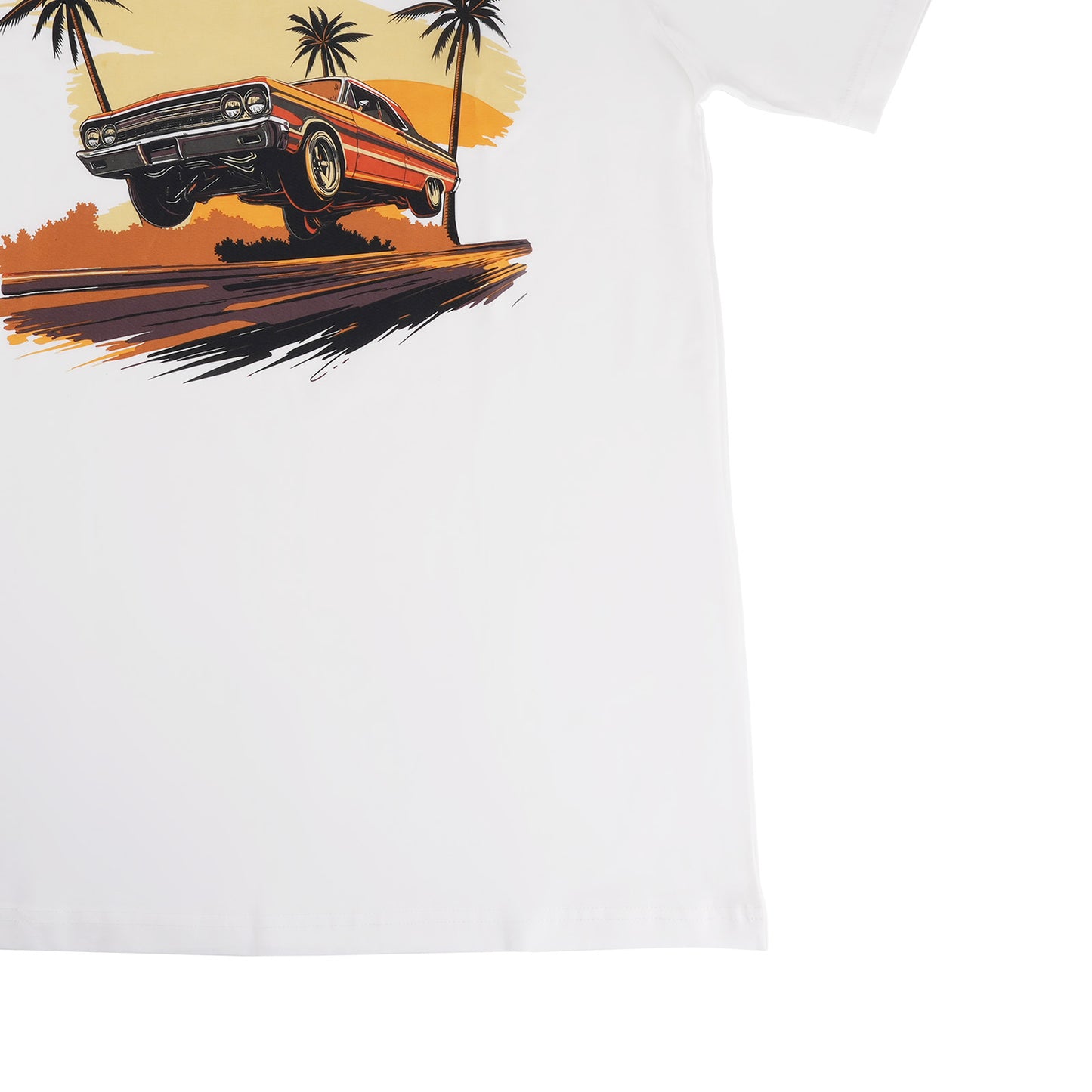 Beach Scene Lowrider Jumping Car Art Mens T-Shirt Breathable Oversized Streetwear Top, Size M