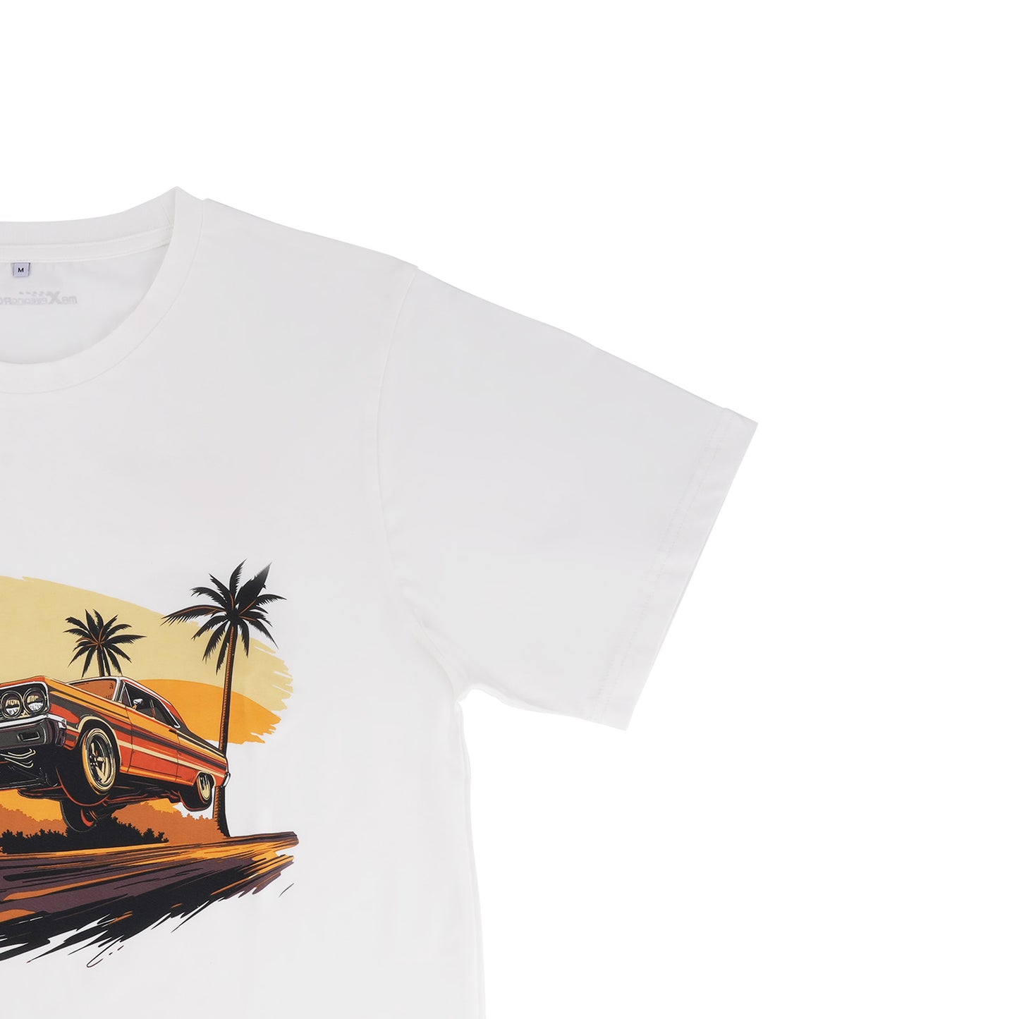 Beach Scene Lowrider Jumping Car Art Mens T-Shirt Breathable Oversized Streetwear Top, Size M
