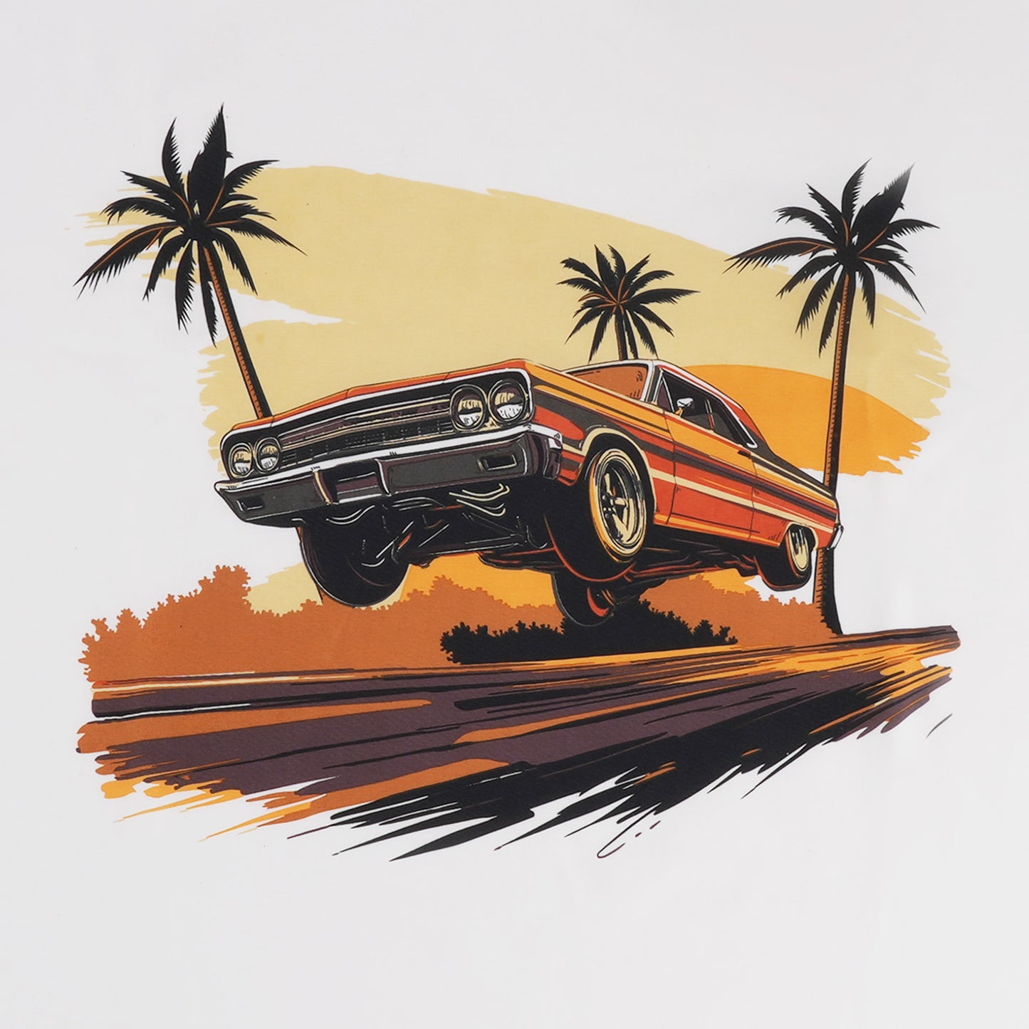 Beach Scene Lowrider Jumping Car Art Mens T-Shirt Breathable Oversized Streetwear Top, Size M