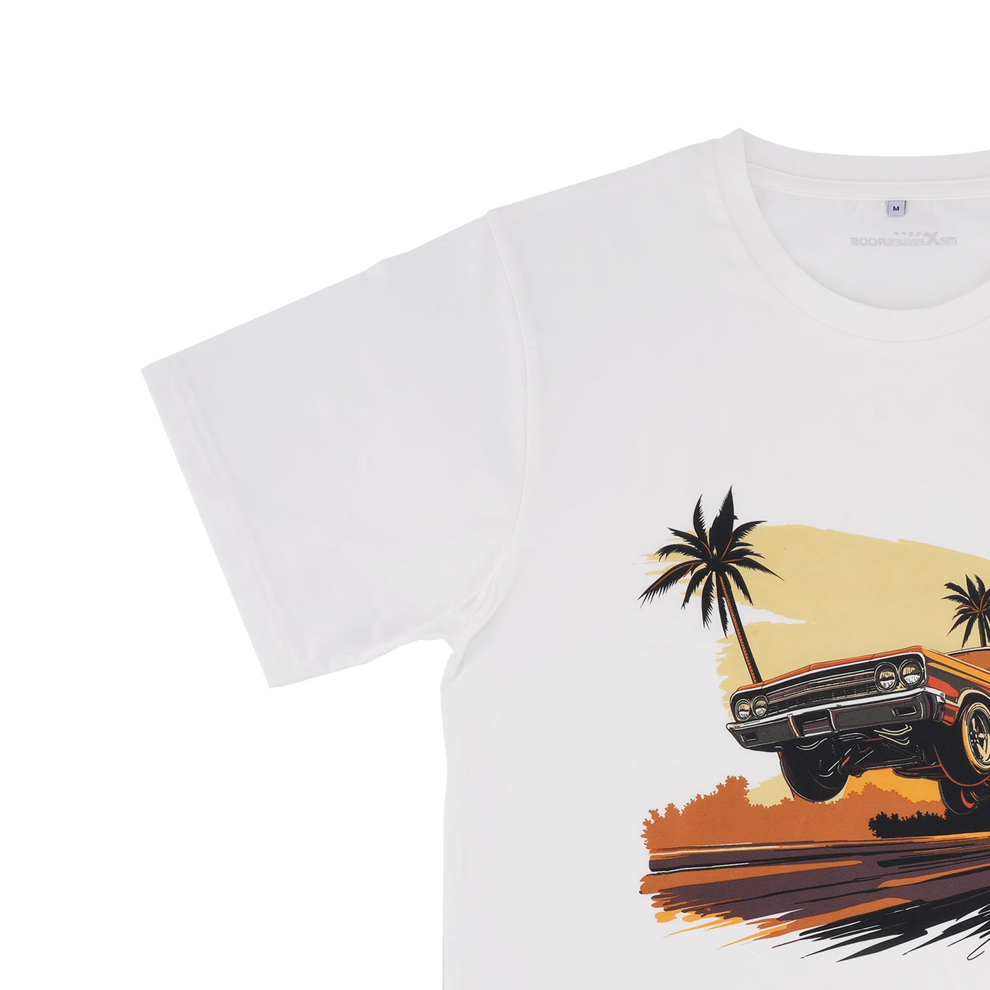 Beach Scene Lowrider Jumping Car Art Mens T-Shirt Breathable Oversized Streetwear Top, Size M