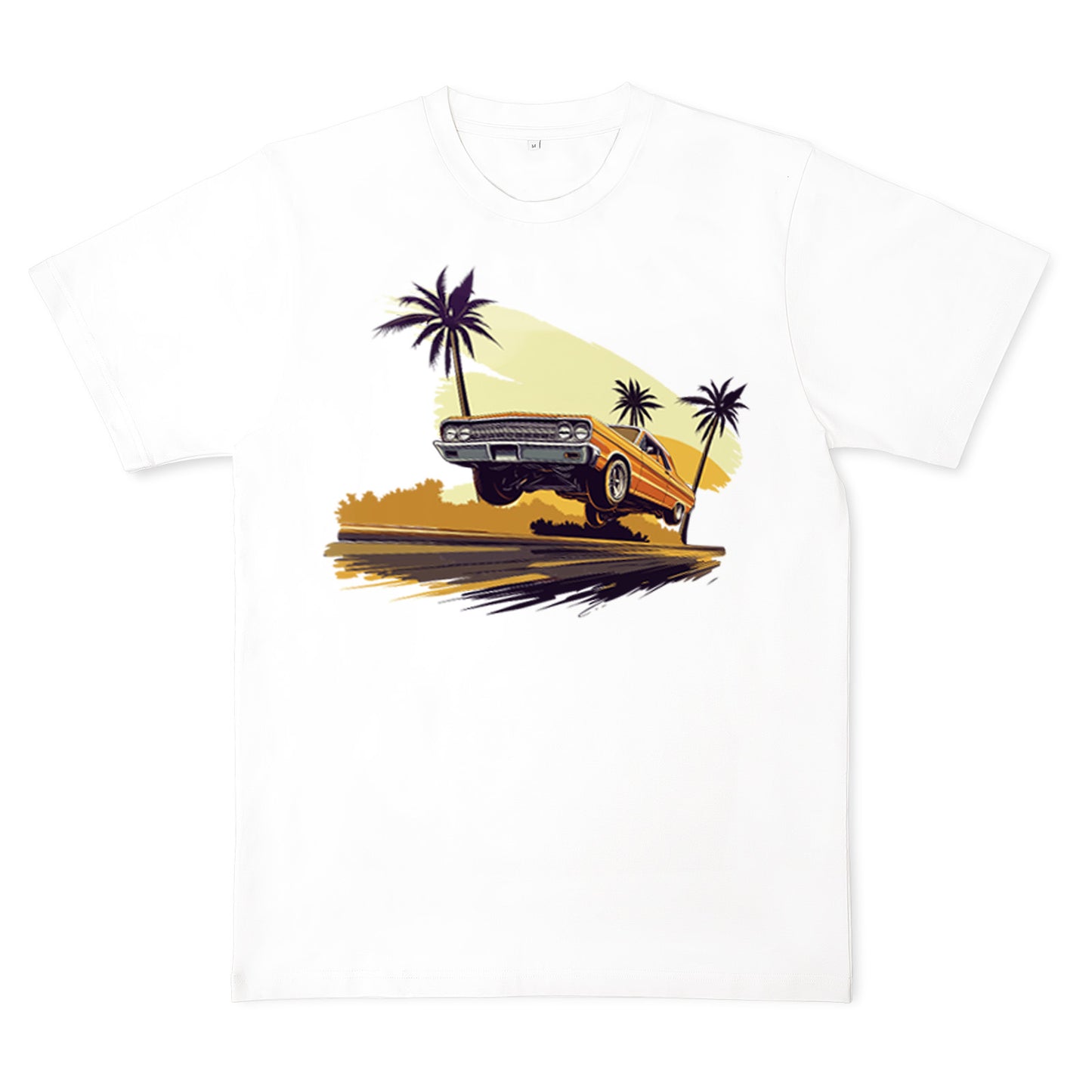 Beach Scene Lowrider Jumping Car Art Mens T-Shirt Breathable Oversized Streetwear Top, Size S