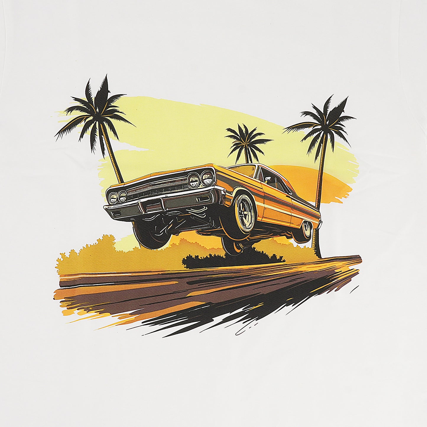 Beach Scene Lowrider Jumping Car Art Mens T-Shirt Breathable Oversized Streetwear Top, Size S