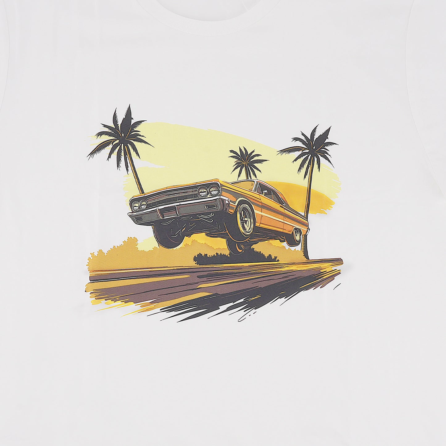 Beach Scene Lowrider Jumping Car Art Mens T-Shirt Breathable Oversized Streetwear Top, Size XL