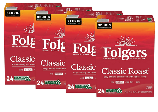 (4 pack) Folgers Classic Roast, Medium Roast Coffee, Keurig K Cup Pods, 24 Count Box