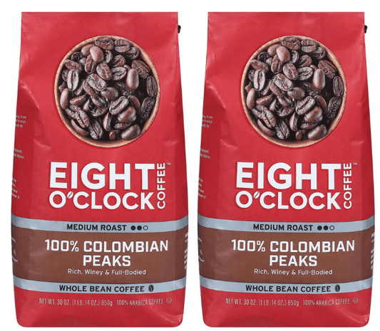 (2 pack) Eight O'clock 100% Colombian Peaks Medium Roast Whole Bean Coffee, 30 Oz, Bag