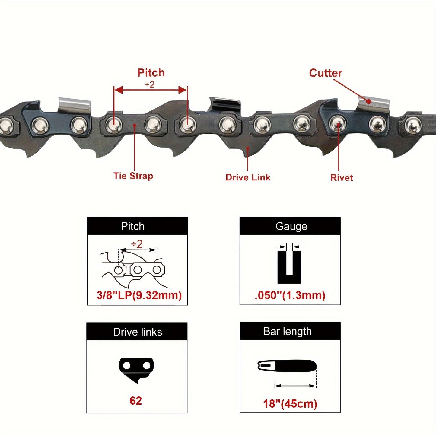 18inch Chainsaw Chain for Husqvarna 334T, 335XPT, 338XPT, 536LIXP Electric 3/8" LP Pitch 050" Gauge 62 Drive Link
