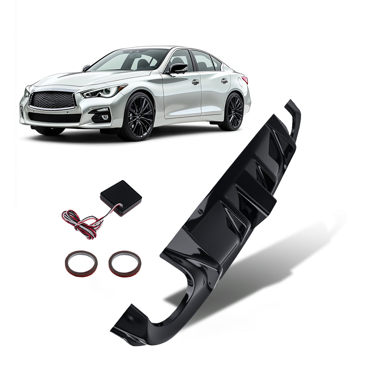 Glossy Black Rear Bumper Diffuser W/ Led Brake Light compatible For Infiniti Q50 2014-2017